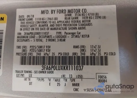 2019 Ford Fusion Hybrid Se z USA, uszkodzony, nr VIN 3FA6P0LUXKR111037